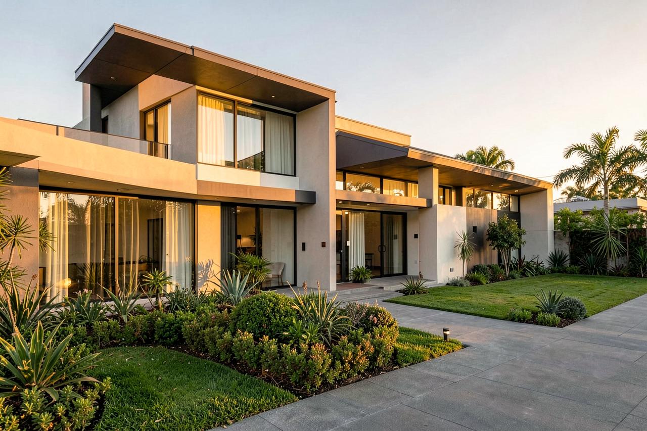 Modern residential property exterior photographed at golden hour