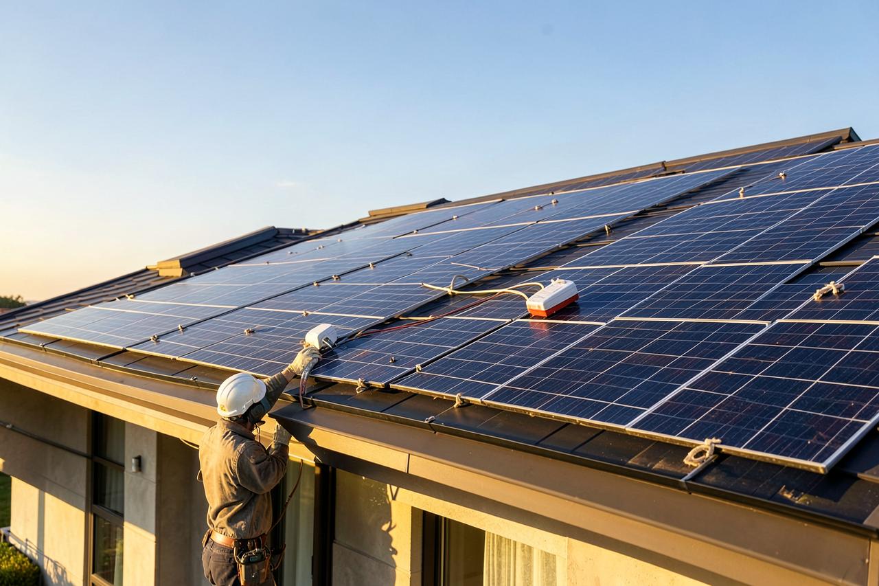 Technician installing solar panels on a residential roof