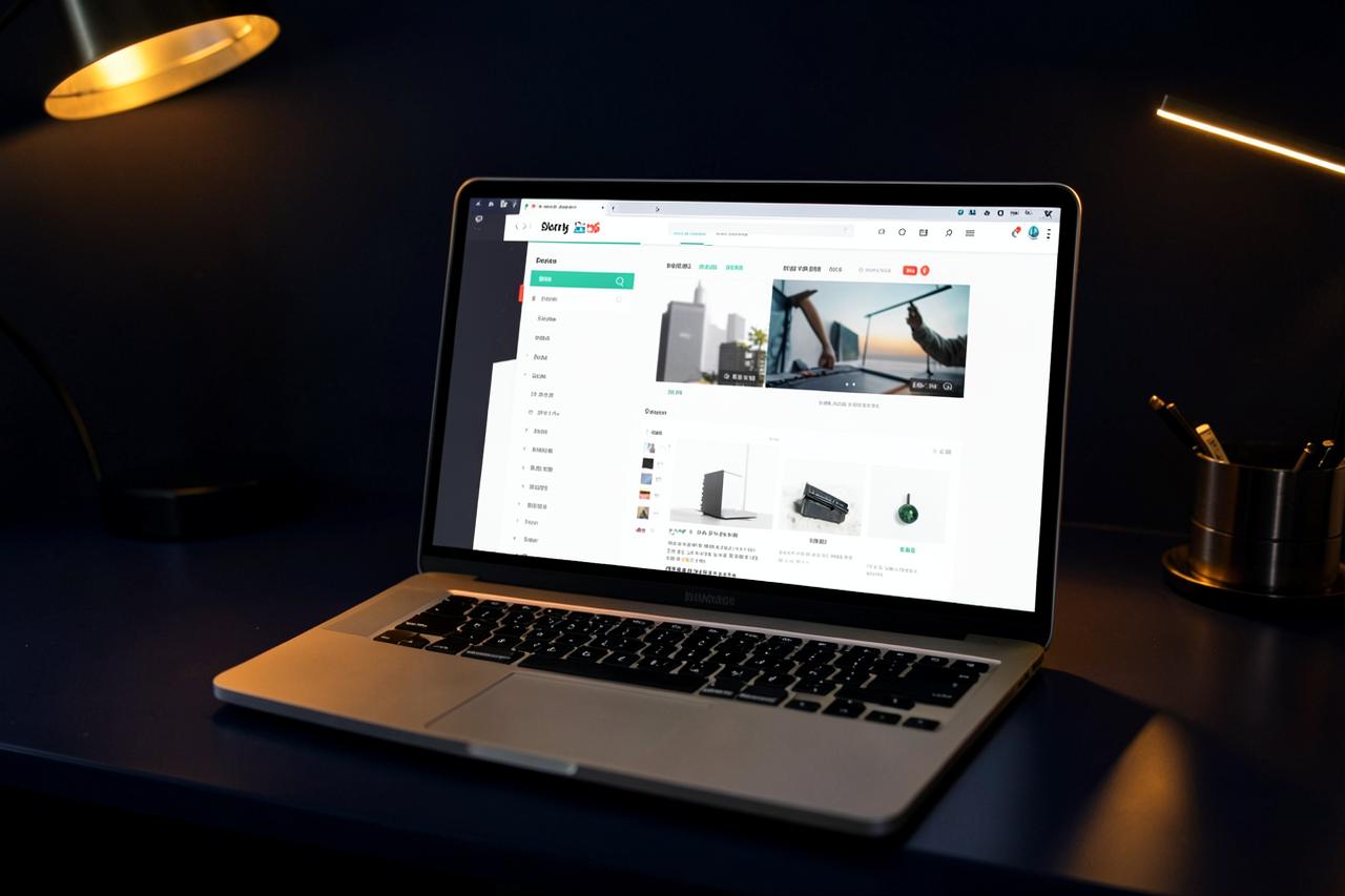 Laptop displaying a website layout on a dark desk with warm lighting